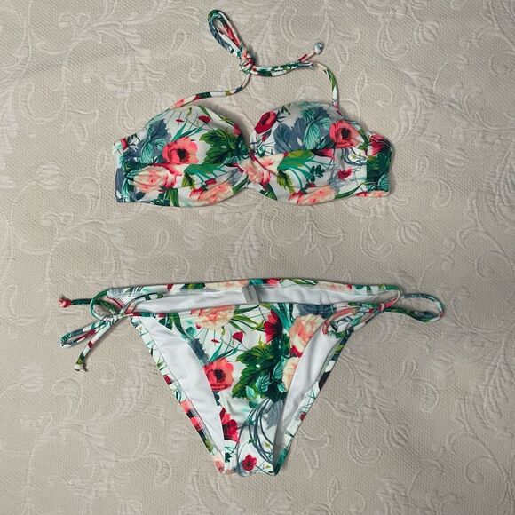 Victoria's Secret Swim Bikini Set 32B Hardware Top Bottom SP Tropical Floral New - Picture 1 of 13